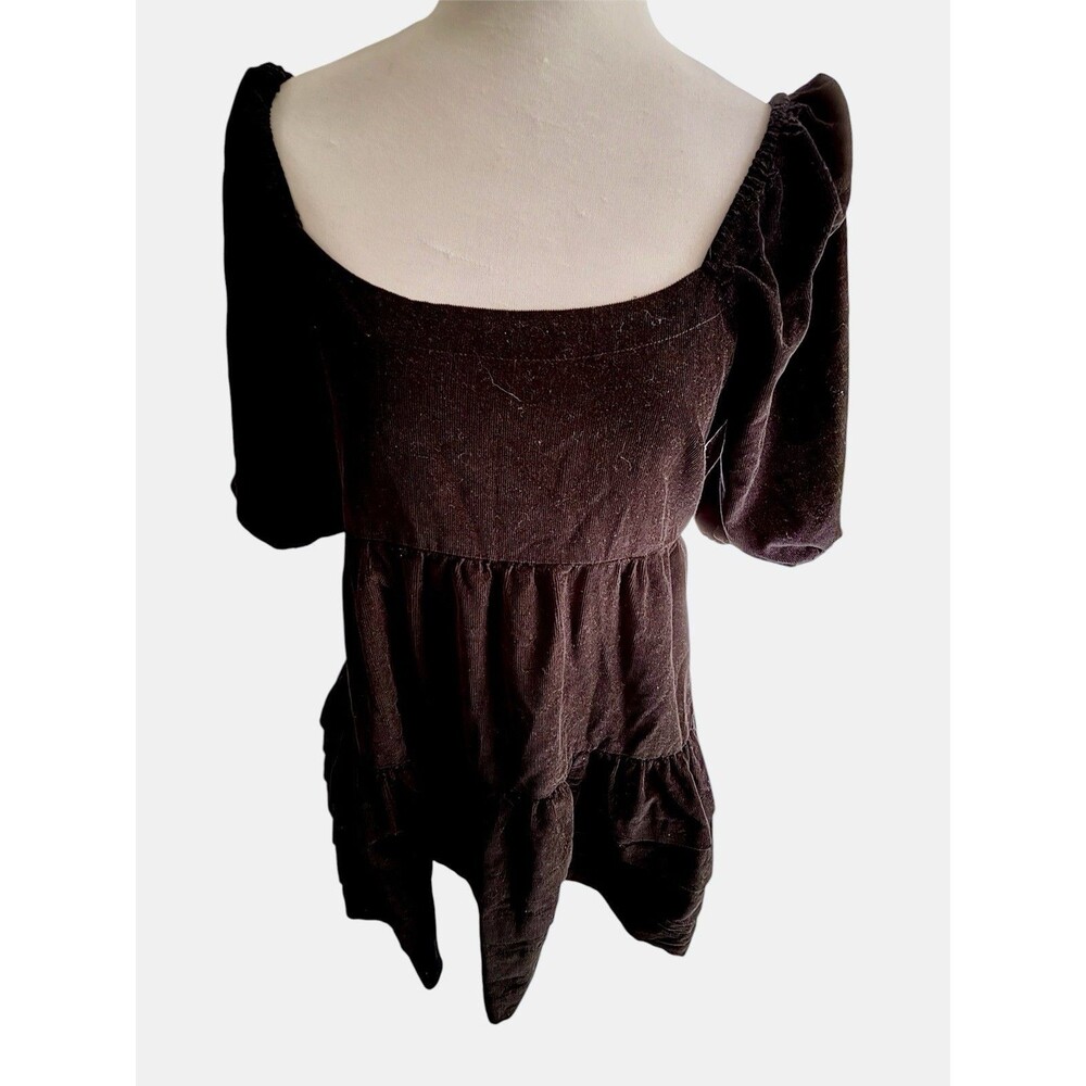 American Eagle Outfitters Black Corduroy Puff Sleeve Tiered Babydoll Mini Dress